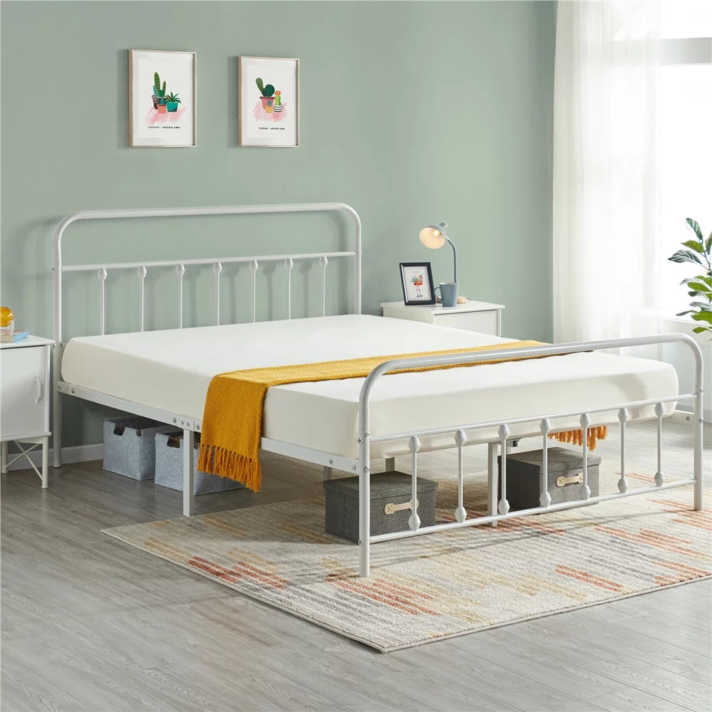 Queen Metal Bed Frame with Headboard & Footboard, White J549