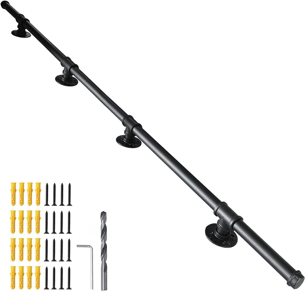 Black Metal Galvanized Steel Staircase Handrail with 4 Wall Mount Support S716840