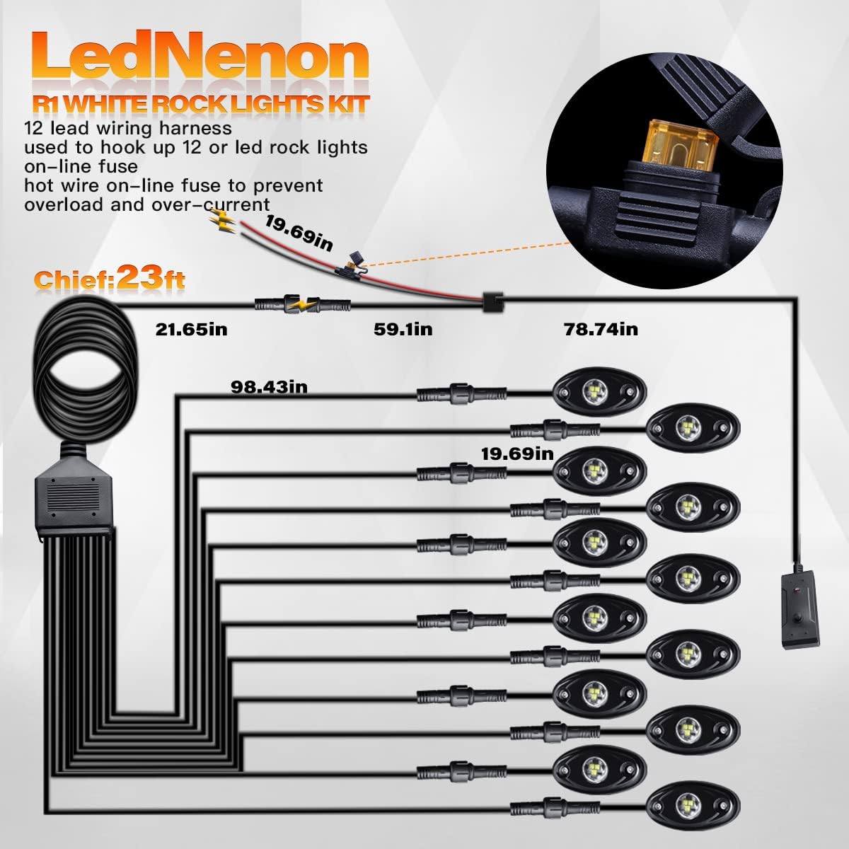 White LED Rock Lights 12Pods with 23FT Harness Switch Fuse kit L628121