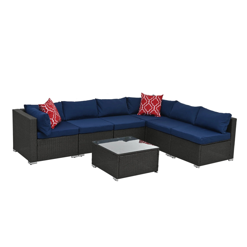 7 Piece PE Rattan Patio Furniture Set with Cushions and Glass Coffee Table U4559
