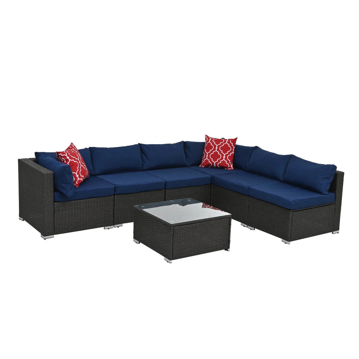 7 Piece PE Rattan Patio Furniture Set with Cushions and Glass Coffee Table U4559