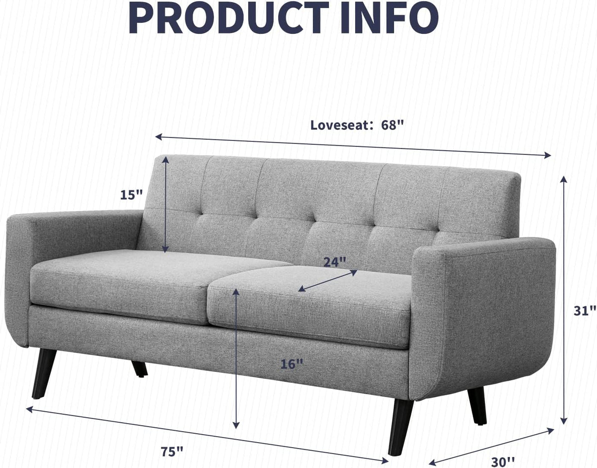 68" Futon Sofa 2-Seat Loveseat with Cushion, Light Gray Y40306