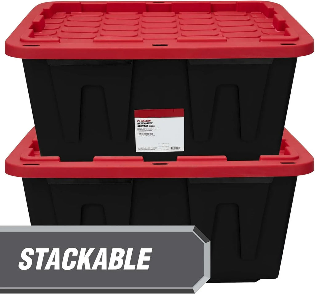 4 Pack 27 Gallon Plastic Storage Container with Snap-On Lid Black and Red O3472