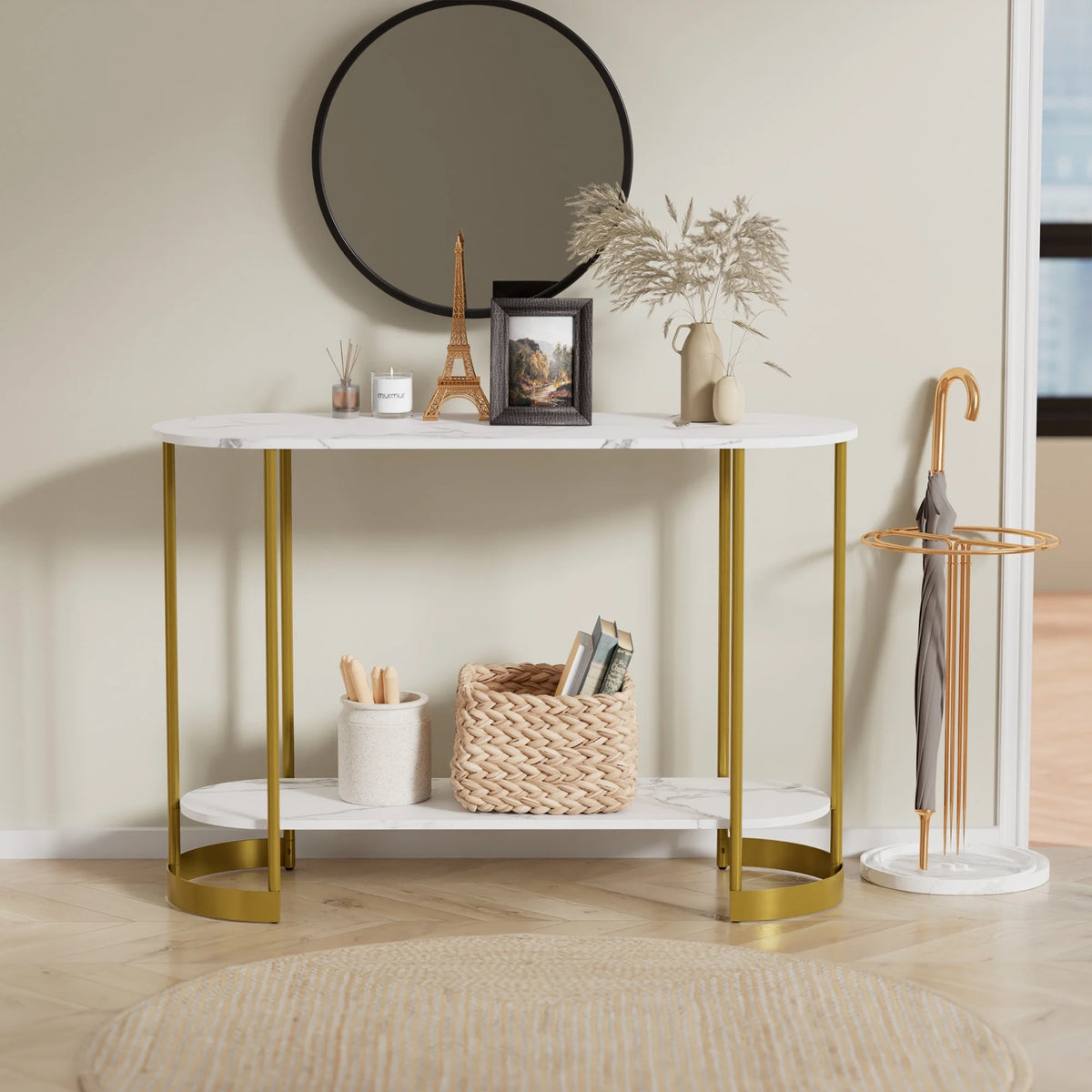 White Marble Pattern 2-Tier Console Table Y7828