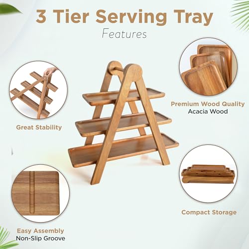 3 Tier Wooden Serving Tray Set of 2 Tongs S361796