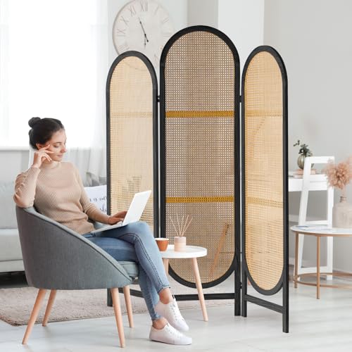 5.9 Ft Tall Hand-Woven Rattan 3 Panels Folding Room Divider J67077
