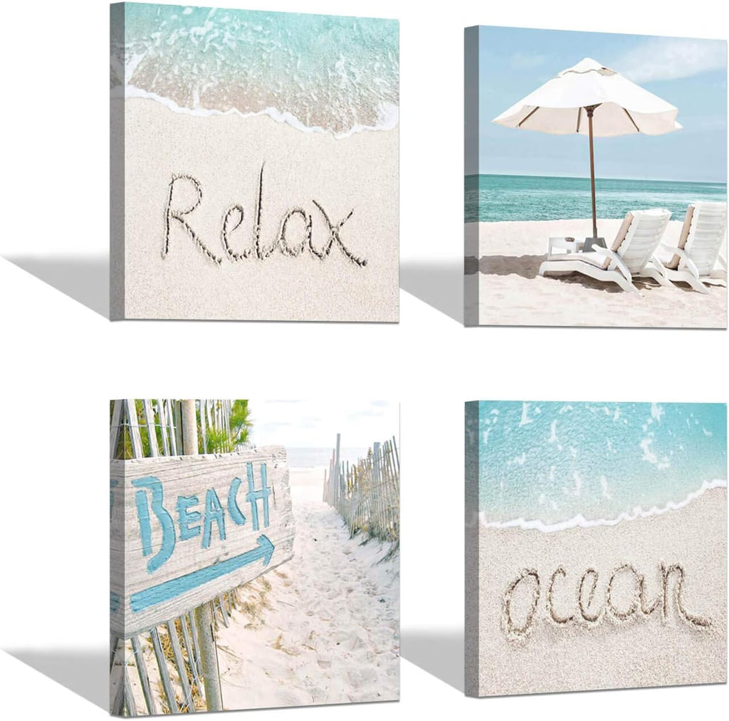 Coastal Beach Canvas Wall Art, Ocean Themed Artwork, 24'' x 12'' x 2 Panels + 12'' x 12'' x 2 Panels F15292