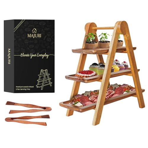 3 Tier Wooden Serving Tray Set of 2 Tongs S361796