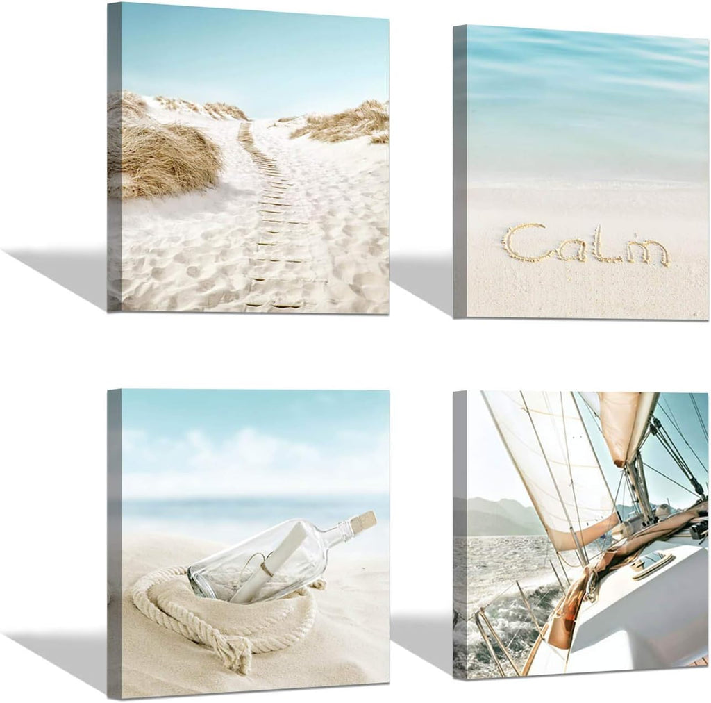 Coastal Beach Canvas Wall Art, Ocean Themed Artwork, 24'' x 12'' x 2 Panels + 12'' x 12'' x 2 Panels F15292