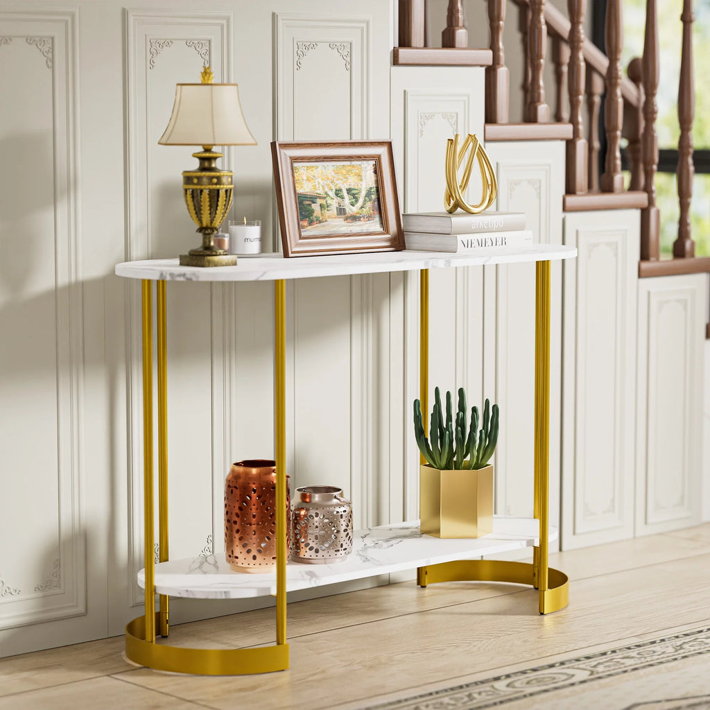 White Marble Pattern 2-Tier Console Table Y7828