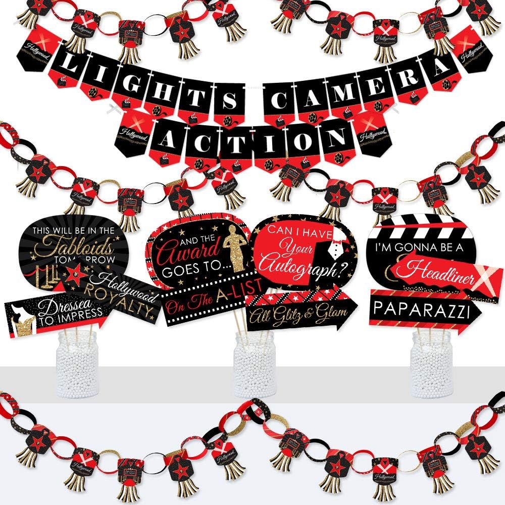 Red Carpet Hollywood Banner and Photo Booth Decorations Party Supplies Kit R6398