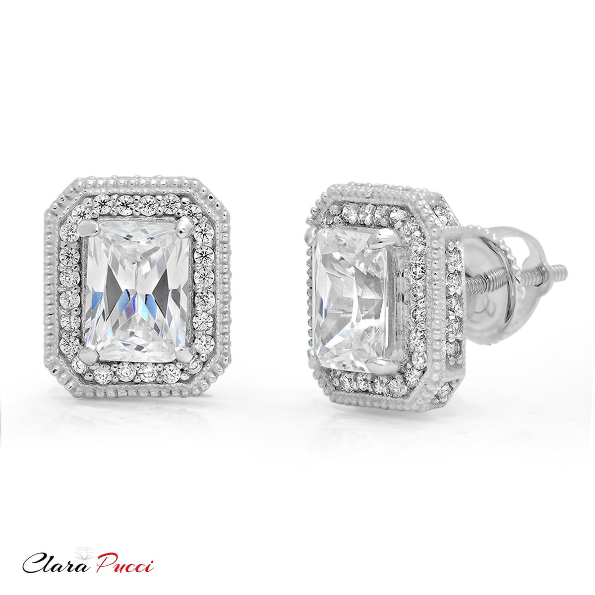 18K White Gold Emerald Cut Halo Stud Earrings A672