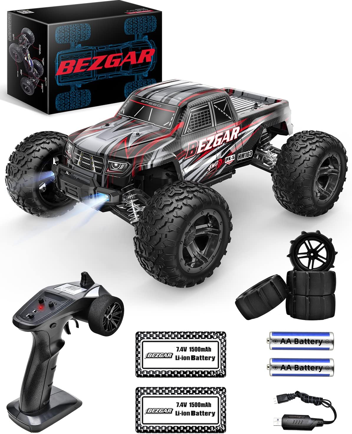 1:10 Scale Remote Control Truck, 4WD Off Road RC Car Crawler with Rechargeable Batteries P54875