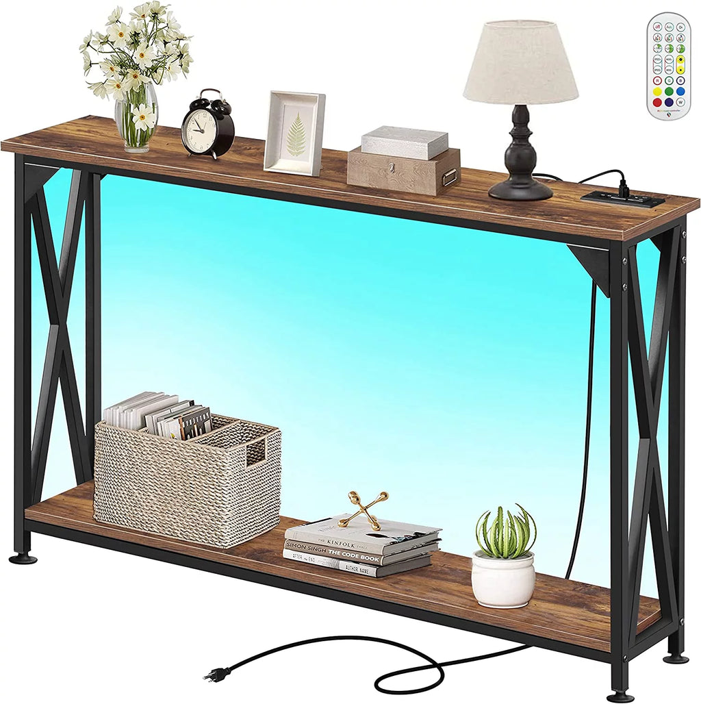 2 Tiers Console Sofa Table with Power Outlet and Open Storage Shelf Y155558