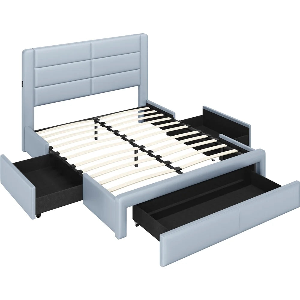 Upholstered Queen Bed with 3 Storage Drawers and USB Ports B904017