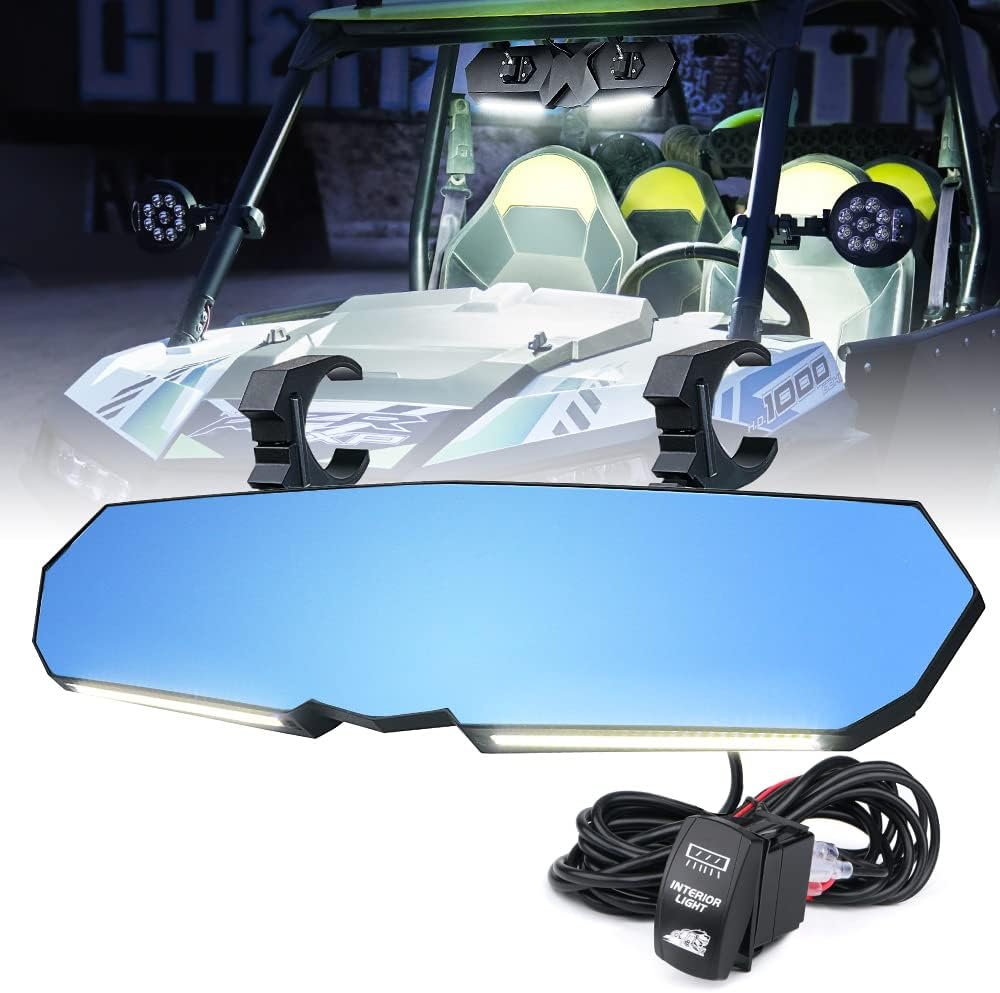 13 UTV Rearview Center Mirror with COB LED Interior Lights and Rocker Switch, Aluminum Rear View Mirrors L682