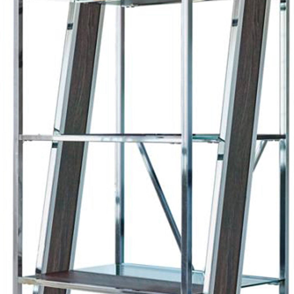 Black and Chrome 4 Tier Metal Bookcase with Glass and Wooden Shelf F51420