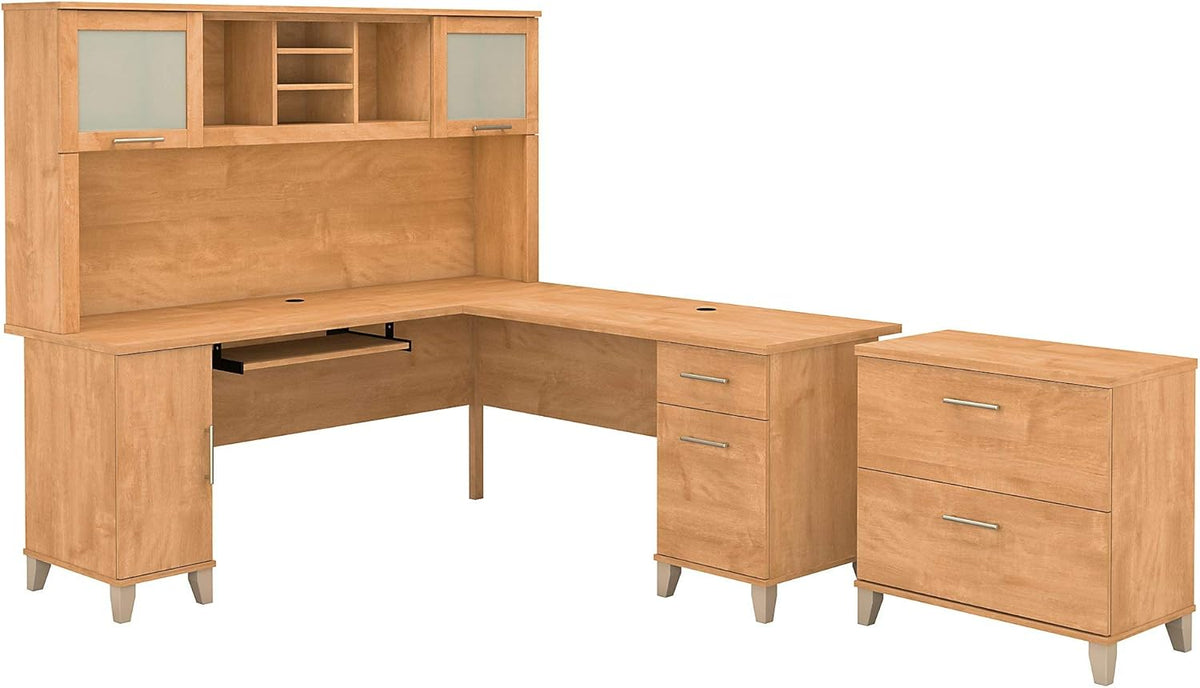 60W L Shaped Desk with Hutch and Lateral File Cabinet V9058