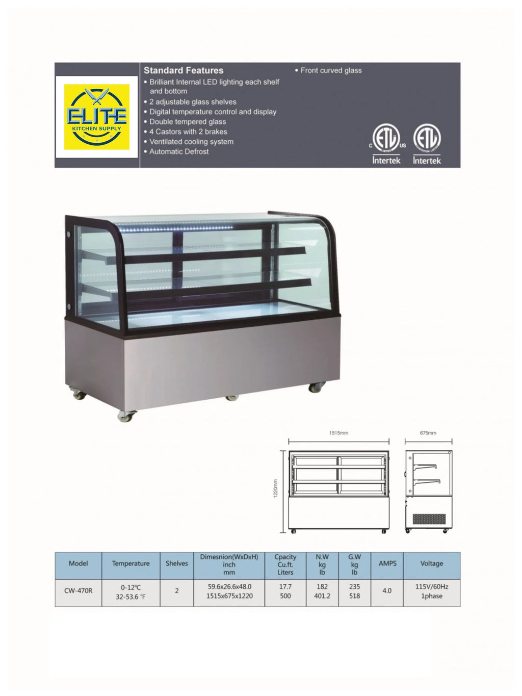 60 in. Double Tempered Glass Bakery Refrigerator Case 17.7 Cu. ft. I5463