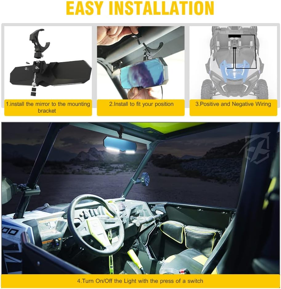 13 UTV Rearview Center Mirror with COB LED Interior Lights and Rocker Switch, Aluminum Rear View Mirrors L682