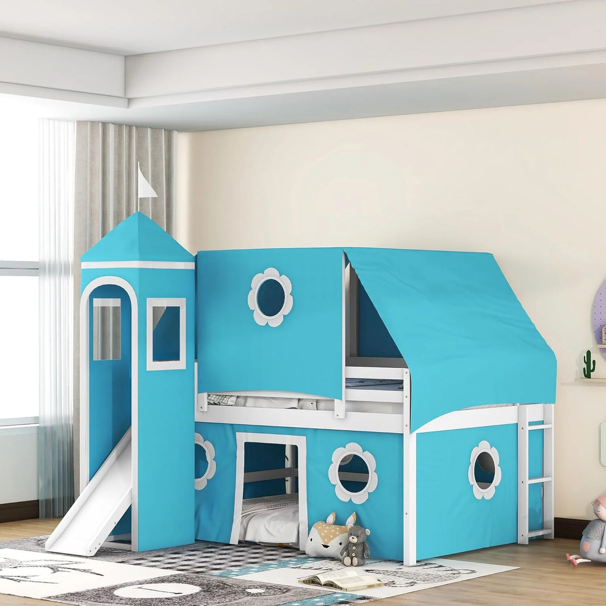 Full Over Full Wood Loft Bed with Slide and Tower E350