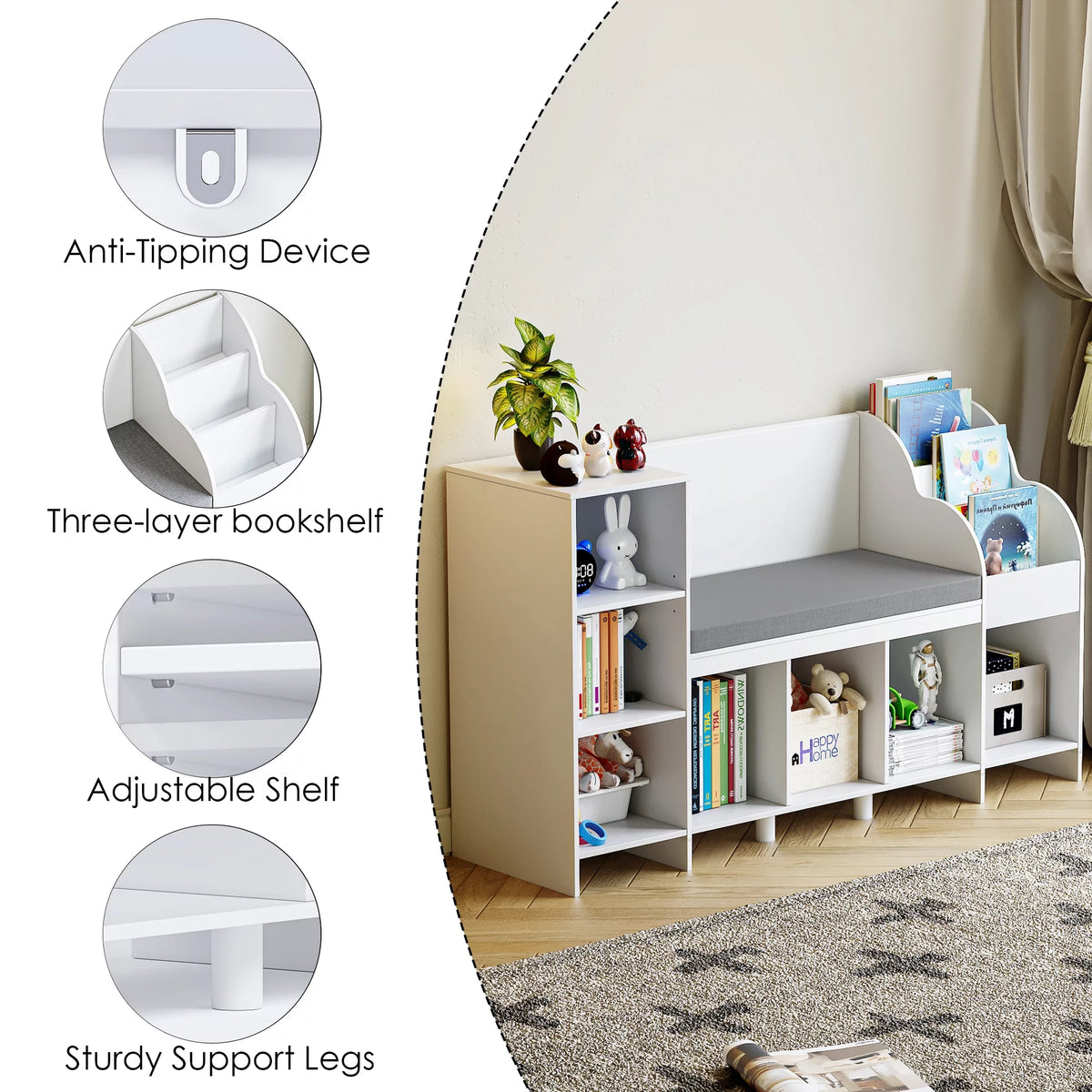 White Kids Bookshelf with Reading Nook A40013