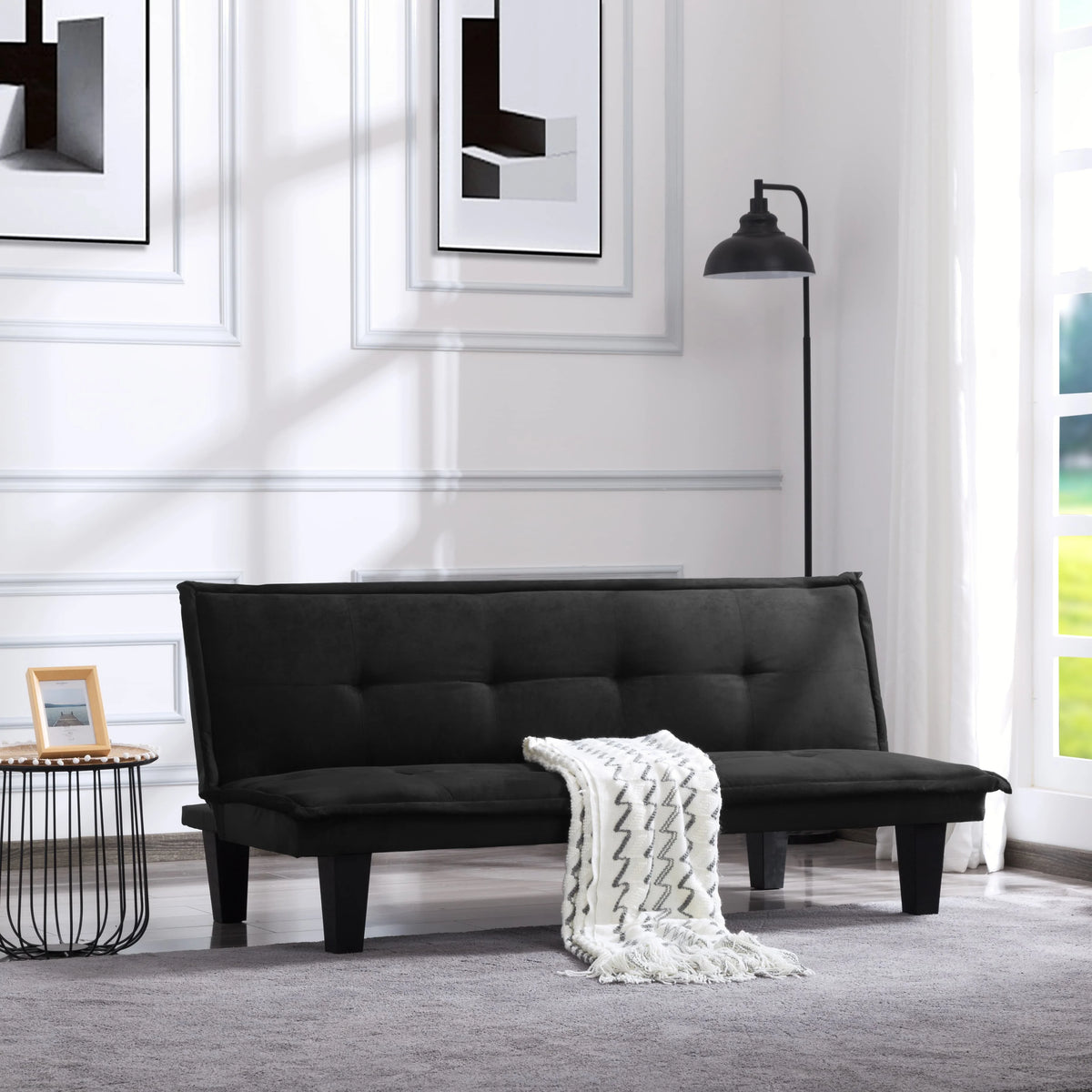 63.8 inch Black Faux Suede Convertible Futon Sofa Bed Q716157