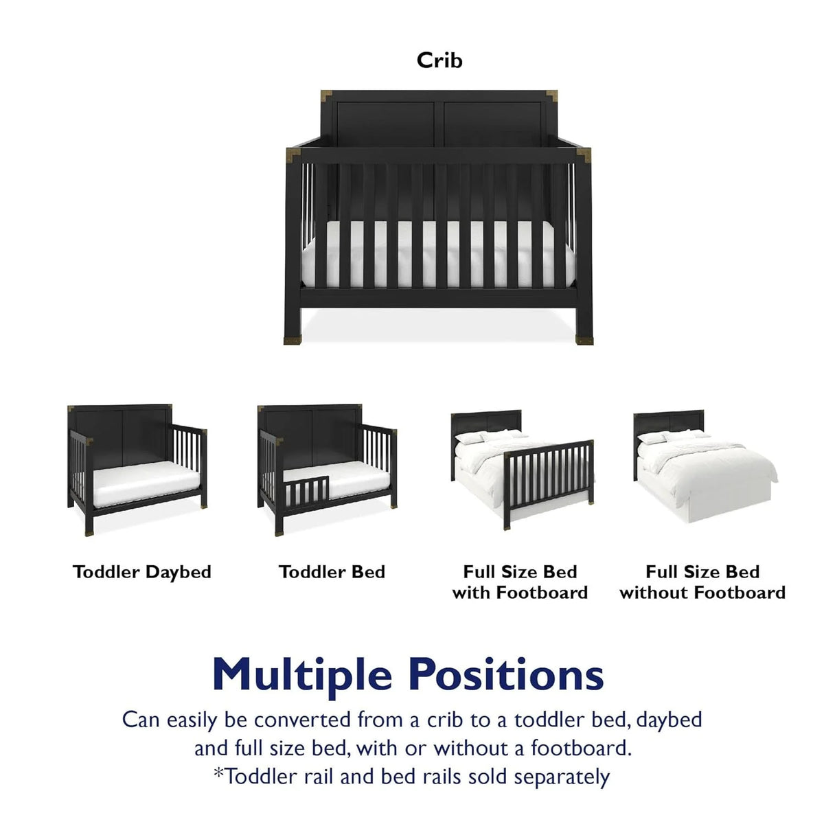 Black 5-in-1 Convertible Crib Solid Pine Wood B383784