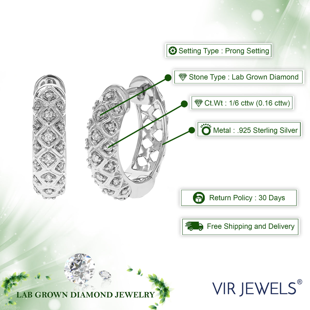1/6 CTTW Lab Grown Diamond Hoop Earrings 925 Sterling Silver K167