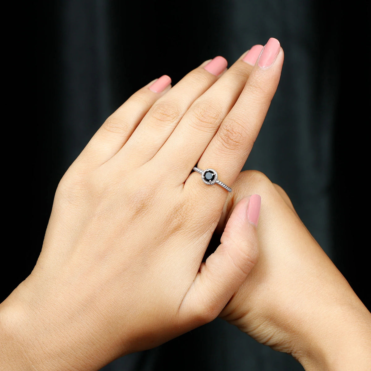 Natural Black Onyx Solitaire Ring, 925 Sterling Silver, US 4.00 V7084