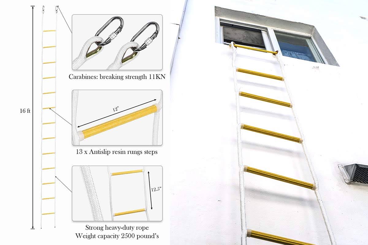 16 ft Flame Resistant Fire Escape Rope Ladder with Hooks T423