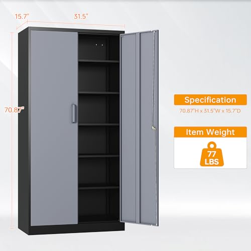 Black Metal Locking Storage Cabinet with 5 Adjustable Shelves N617