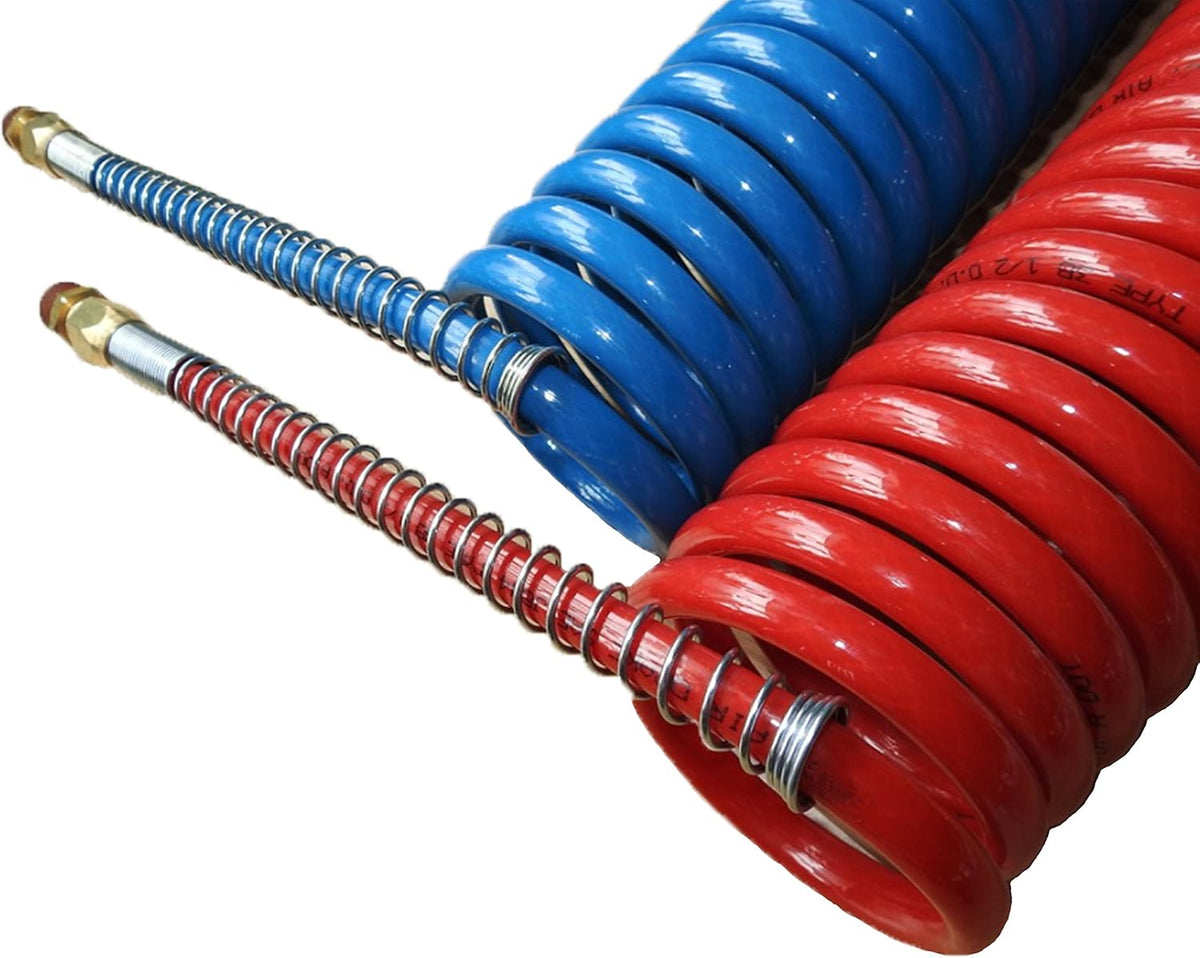 COILED AIR SET LINE ASSEMBLY RED & BLUE TRUCK TRAILER BRAKE COIL SET, 15' LENGTH; 2 X 12" LEADS Pack of 2 M6552