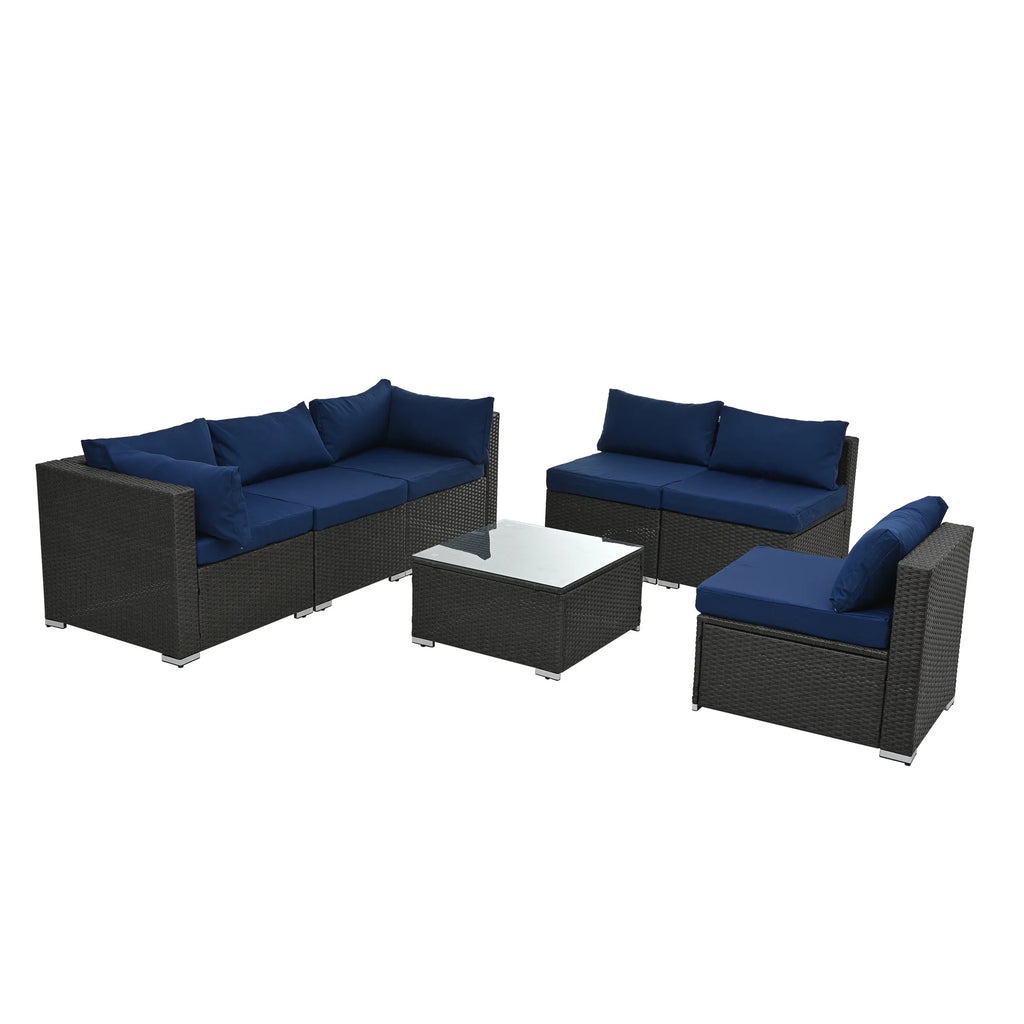 7 Piece PE Rattan Patio Furniture Set with Cushions and Glass Coffee Table U4559