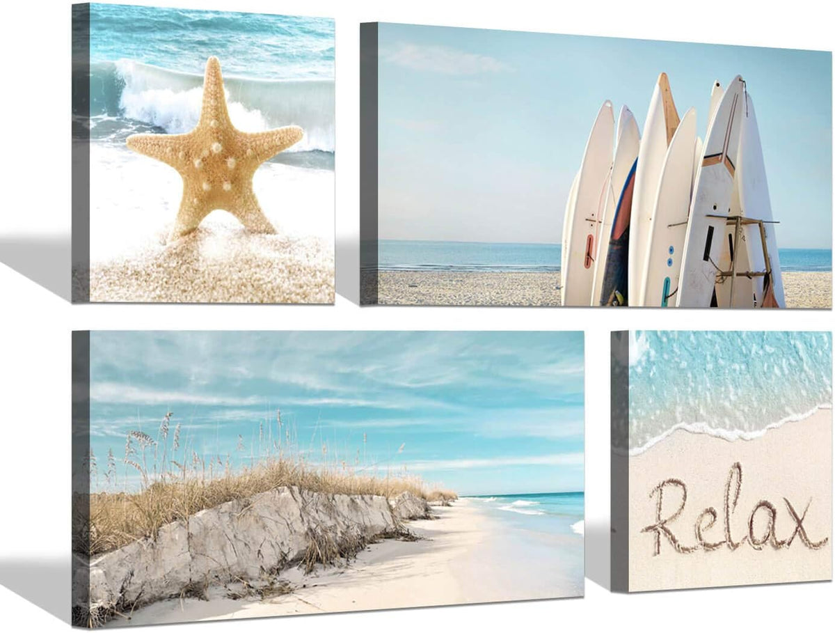 Coastal Beach Canvas Wall Art, Ocean Themed Artwork, 24'' x 12'' x 2 Panels + 12'' x 12'' x 2 Panels F15292
