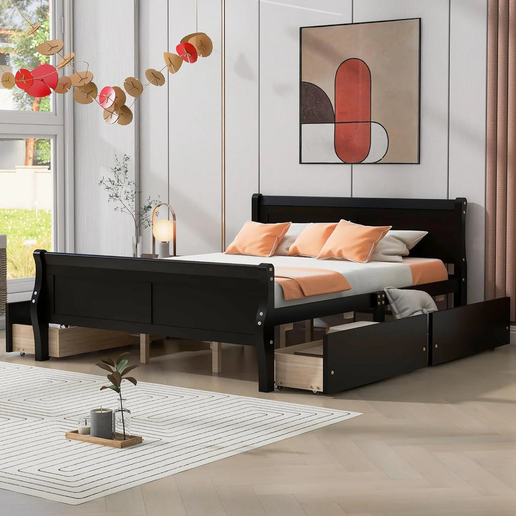 Espresso Queen Size Wood Platform Bed with 4 Storage Drawers Y469