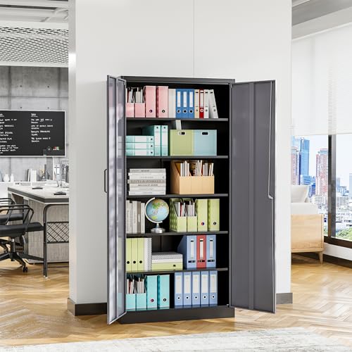 Black Metal Locking Storage Cabinet with 5 Adjustable Shelves N617